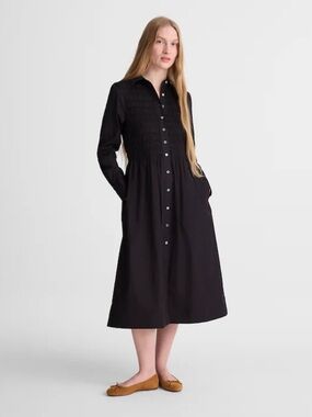 NWT Madewell Black Smocked Midi Shirtdress in Cotton Poplin w/ Pockets, NZ382, S